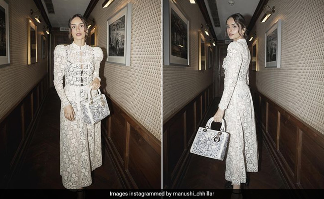 Manushi Chhillar's White Lace Dior Midi Dress With A Lady Dior Bag Is Vintage Chic On Another Level