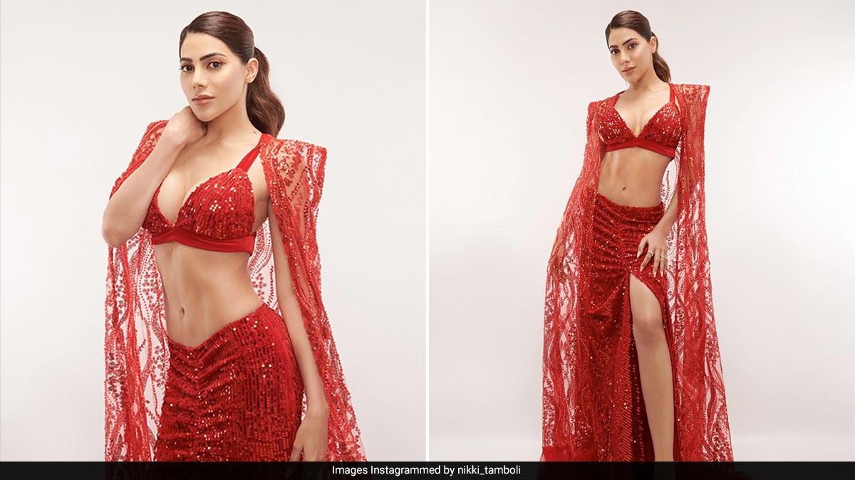 Nikki Tamboli's Glittery Flaming Red Dress Is All Fired Up For The Season