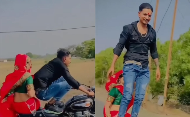 घूंघट वाली दुल्हन को पीछे बैठाकर शख्स ने बुलेट पर किया खतरनाक स्टंट, VIDEO देख उड़ जाएंगे होश