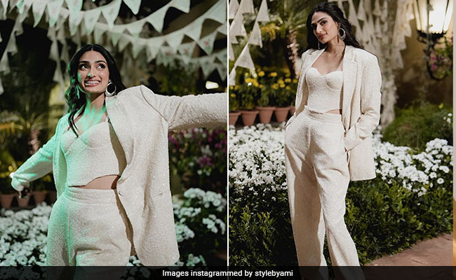 Athiya Shetty Danced The Night Away In A Chic Ivory <i>Chikankari</i> Pantsuit With Pearls And Sequins