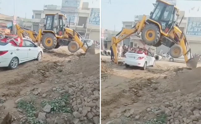 कार को रास्ता देने के लिए हवा में लहरा गया बुल्डोजर, लोग बोले 'आ गया खतरों का असली खिलाड़ी'