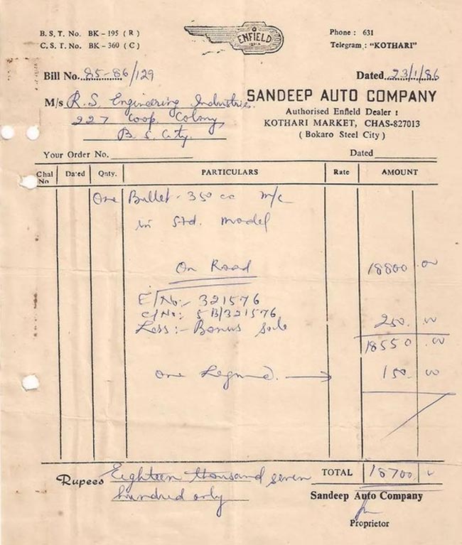 Royal Enfield Bullet 350cc Priced At Rs 18,700: Bill From 1986 Goes Viral