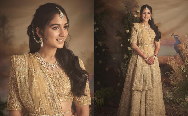 Radhika Merchant In A Gold Custom Abu Jani Sandeep Khosla Embroidered <i>Ghagra</i> Is The Most Elegant Bride-To-Be