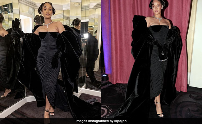 Rihanna Came Fashionably Late, But In A Black Ruched Gown Was Certainly Worth The Wait