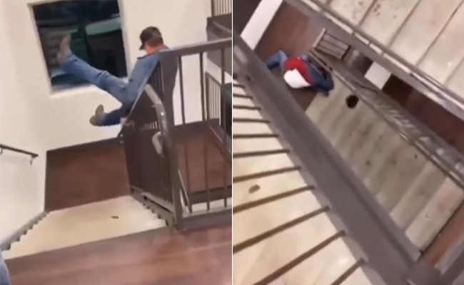 Video: रेलिंग पर बैठकर स्लाइडिंग करना शख्स को पड़ा भारी, दिन में दिख गए तारे!