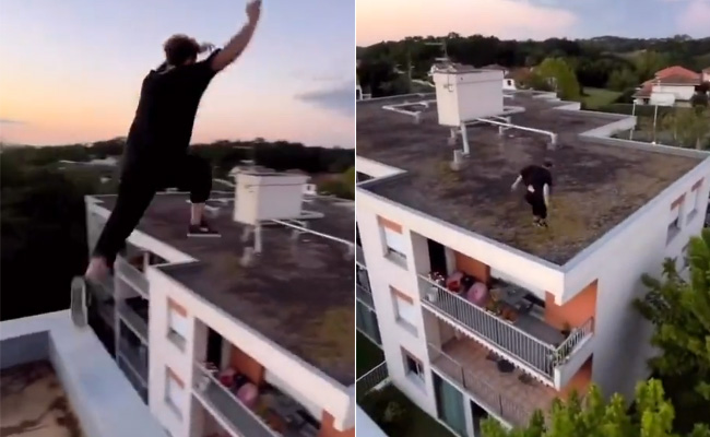 Video: ऊंची इमारतों के बीच हैरतअंगेज स्टंट, छलांग देख पैरों तले खिसक जाएगी जमीन