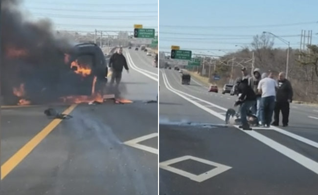 Watch: People Pull Out Woman From Burning Car On New York Highway