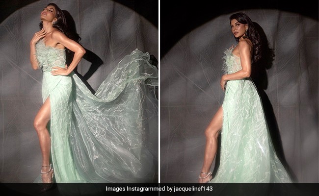 Jaqueline Fernandez's Fluttery Mint Feather Gown Is A Red Carpet Dream Come True