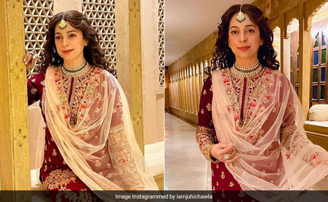 Juhi Chawla Casually "Flaunting Her Indian-Ness" In A Red <i>Sharara</i> Is All Of Us At A Wedding