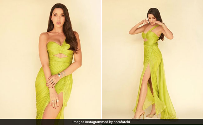 नोरा फतेही ने लाइम ग्रीन थाई-हाई स्लिट गाउन में लगाया ग्लैमर का तड़का