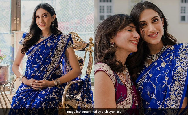 Anissa Malhotra Drapes Herself In A Gorgeous Blue Parsi <i>Gara Saree</i> For <i>Godh Bharai</i>