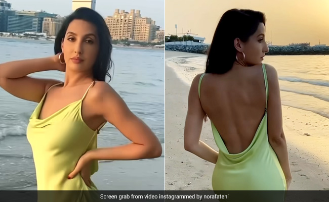 Nora Fatehi In A Slinky Lime Backless Dress By The Beach Is Peak "Birthday Behaviour"