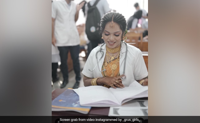 Video: Bride Attends Practical Exam Wearing Lab Coat And Stethoscope Over Wedding Saree