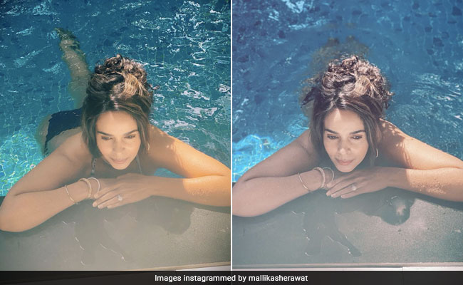 A "Little Bit Of Pool Time" For Mallika Sherawat In A Blue Swimsuit Sure Makes It Seem Like Summer