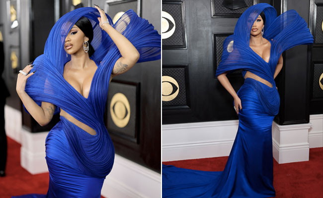 Cardi B Surfs Large Blue Stylish Waves In A Gaurav Gupta Gown At The 65th Grammy Awards 2023