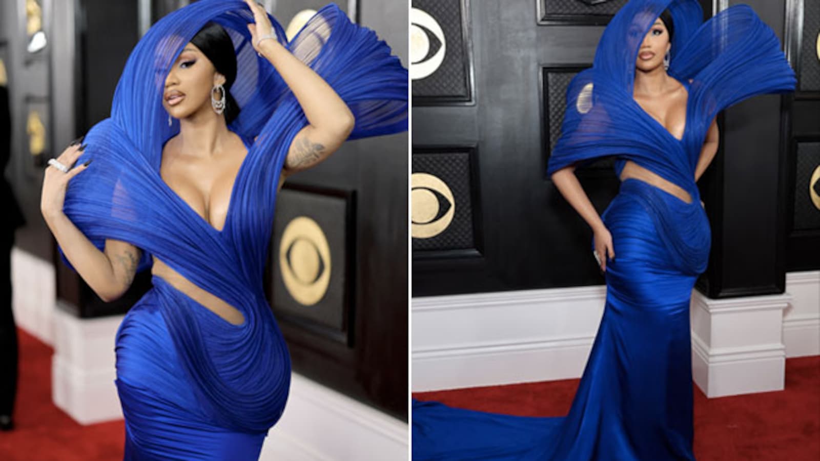 cardi b grammy blue dress Surfs Large Stylish Waves In A Gaurav Gupta Gown At The 65th Awards 2023 cardi b photoshoot