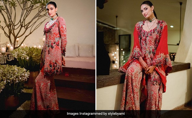 Not Even A Pastel Chic Bride Like Athiya Shetty Could Stay Away From A Bright Red <i>Sharara</i>