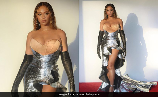 Beyonce Dazzles Her Way To The Top In A Mixed Metal Corset Gown With A Ruffled Slit At 65th Annual Grammy Awards