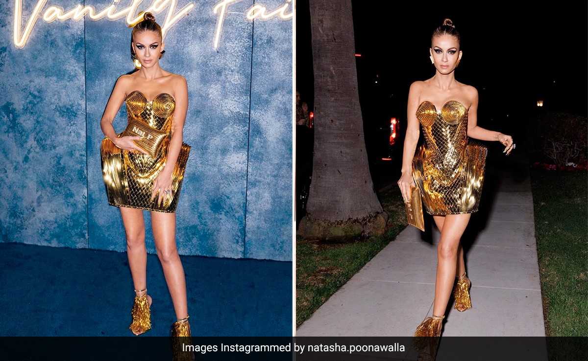 Natasha Poonawalla's Structured Gold Dress Is Pure Gilded Magic