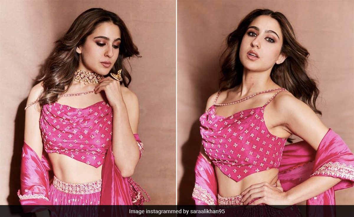 Sara Ali Khan's Cowl Neck Scarf Blouse Gives This Chic Pink And Gold <i>Lehenga</i> A Contemporary Touch