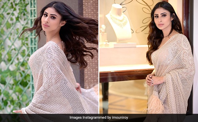 Mouni Roy Goes Ethnic Chic In A Sheer Embroidered <i>Saree</i> With A Feather Border