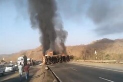 Huge Fire After 3 Trucks Collide On Agra-Mumbai Highway In Madhya Pradesh Huge Fire After 3 Trucks Collide On Agra-Mumbai Highway In Madhya Pradesh