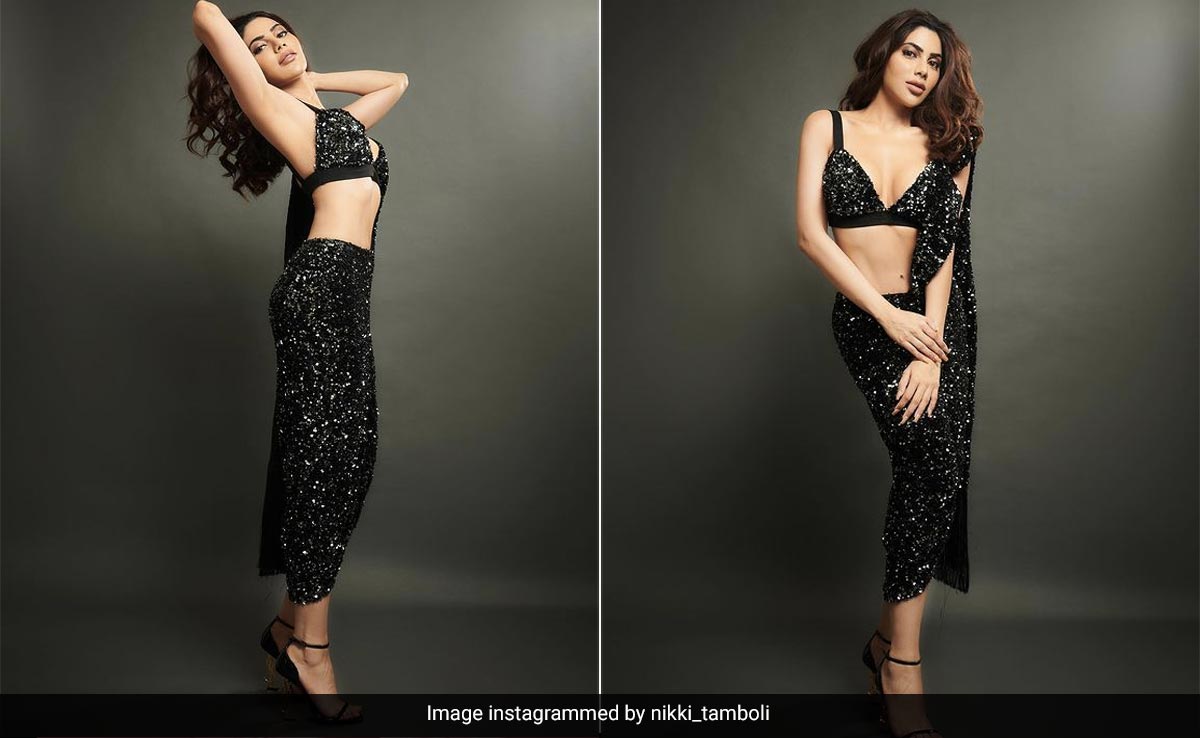 We're Pretty Sure That Nikki Tamboli's Black Sequin Pre-Draped <i>Saree</i> Is Modern Glam At Its Finest