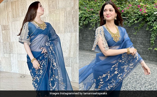 Tamannaah Bhatia Is Literally 'Blue-Ming' In A Sheer Blue And Gold <i>Saree</i>