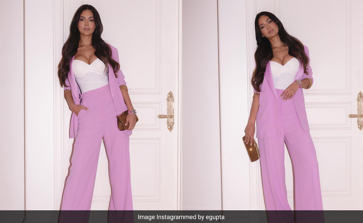 Esha Gupta's Pastel Pink Pantsuit Sets The Right Tone For A Boss Babe Spring