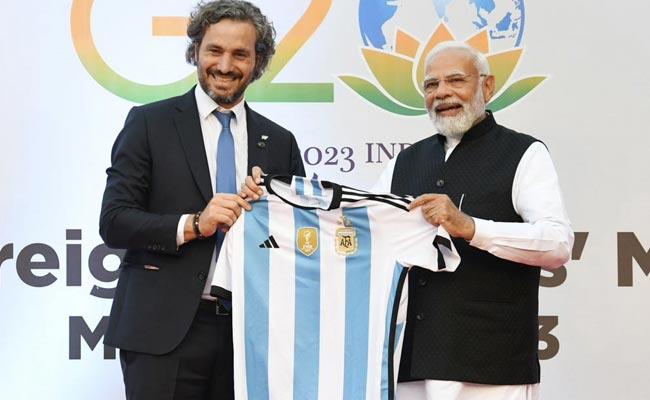 Argentina Foreign Minister Gifts National Football Jersey To PM Modi