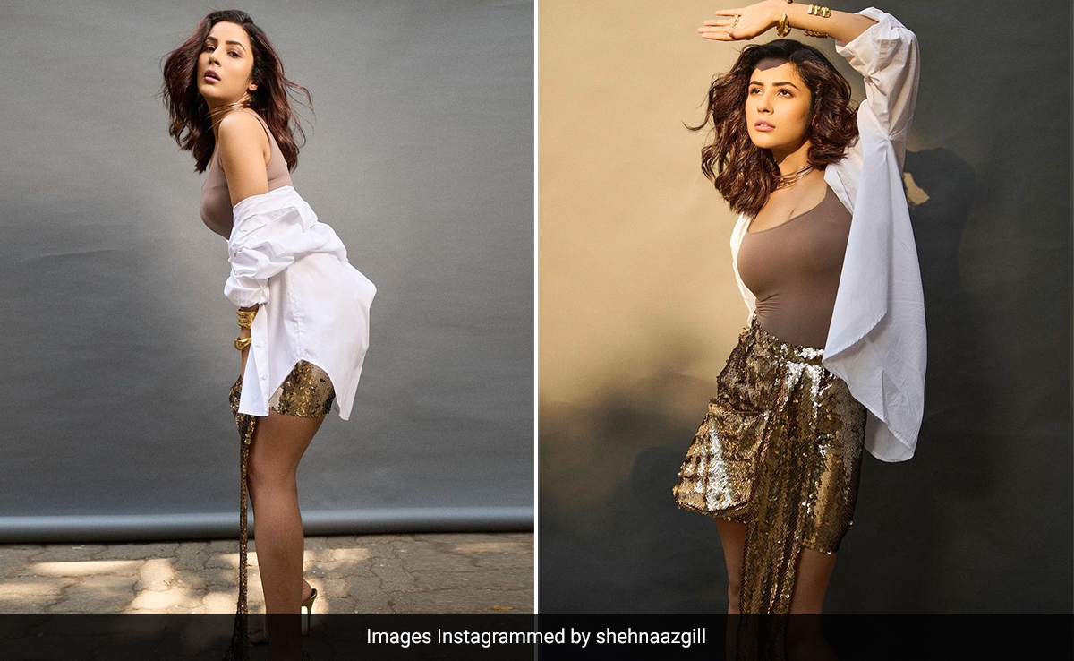 On Top, Shehnaaz Gill Serves Summer Basics. At The Bottom, It's Party Glam In A Gold Sequin Skirt
