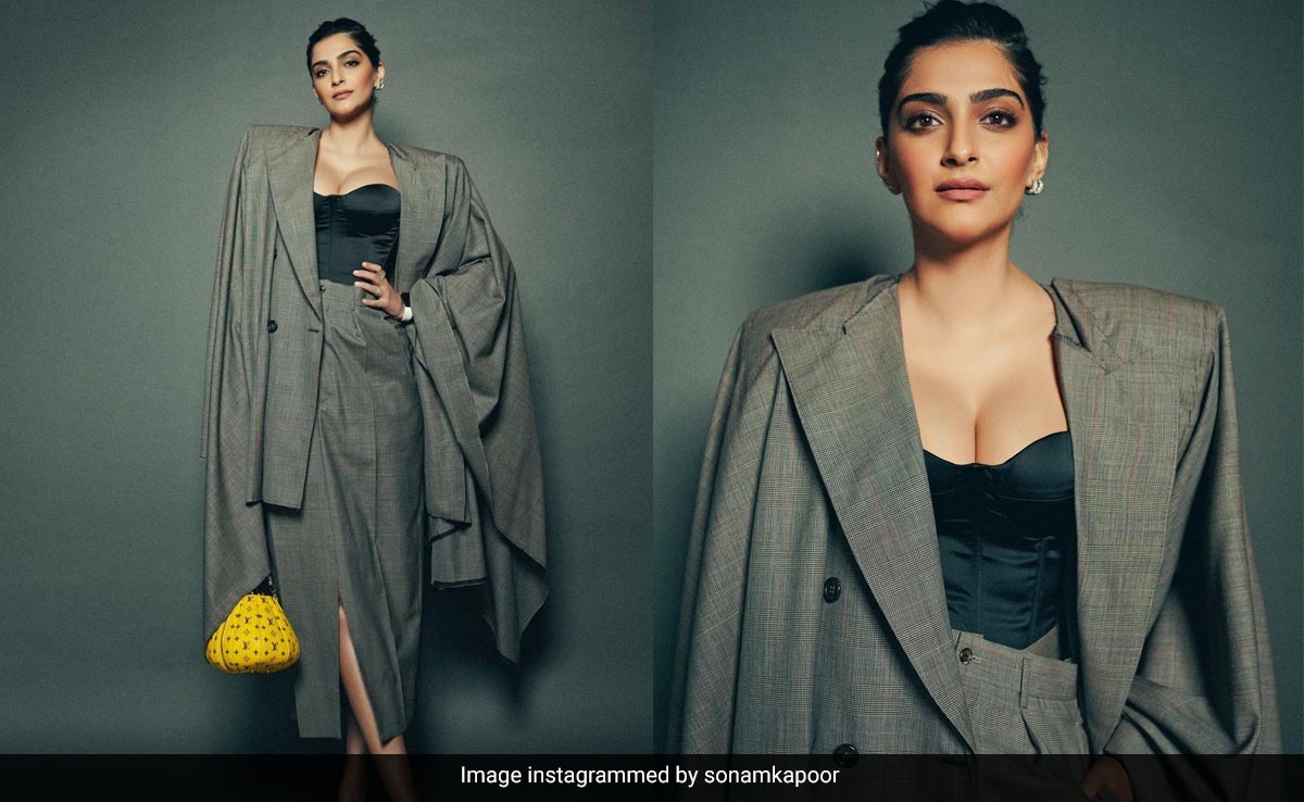 Sonam Kapoor's Grey Skirt Suit And Corset Gets A Pop Of Colour From Her Yellow Louis Vuitton Bag
