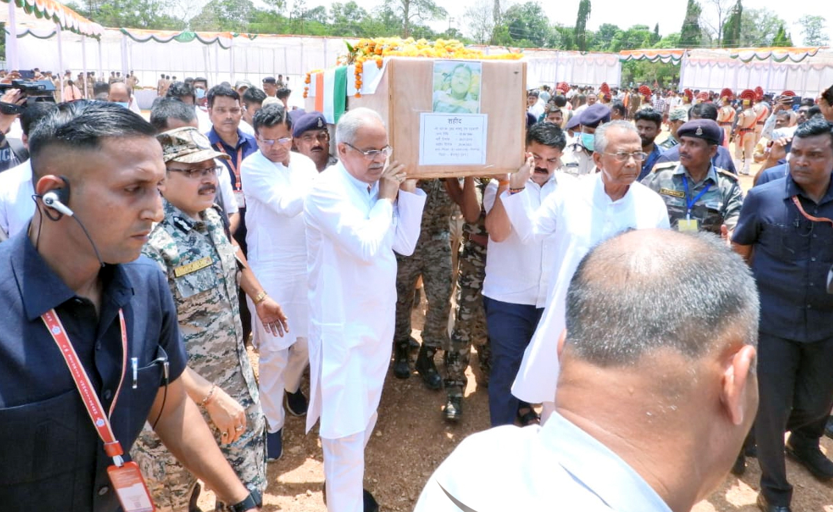 Bhupesh Baghel Carries Coffin Amid Tributes To 11 Killed In Maoist Attack