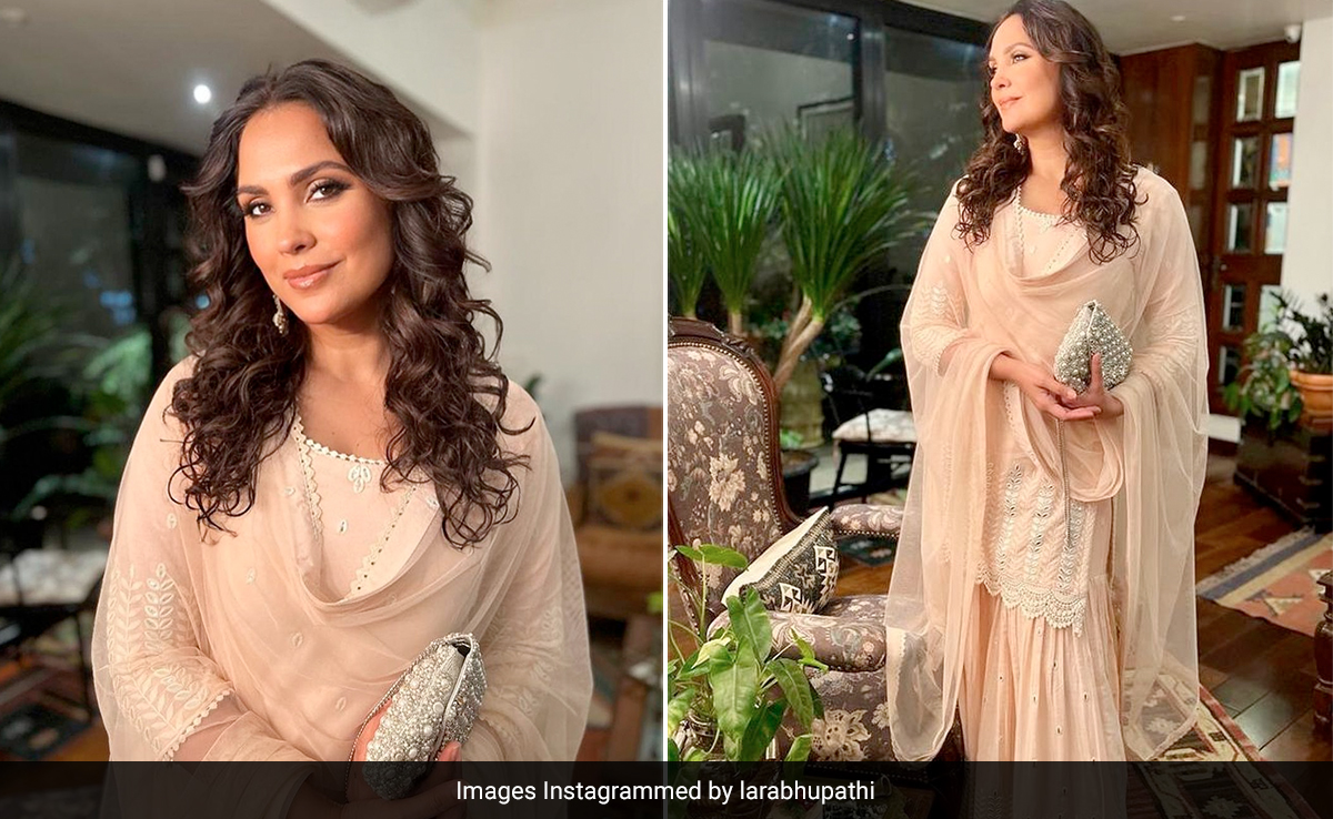 Some Celebrities Can Style Themselves To Perfection; Lara Dutta In A Peach Mirror Work <i>Sharara</i> Is Proof