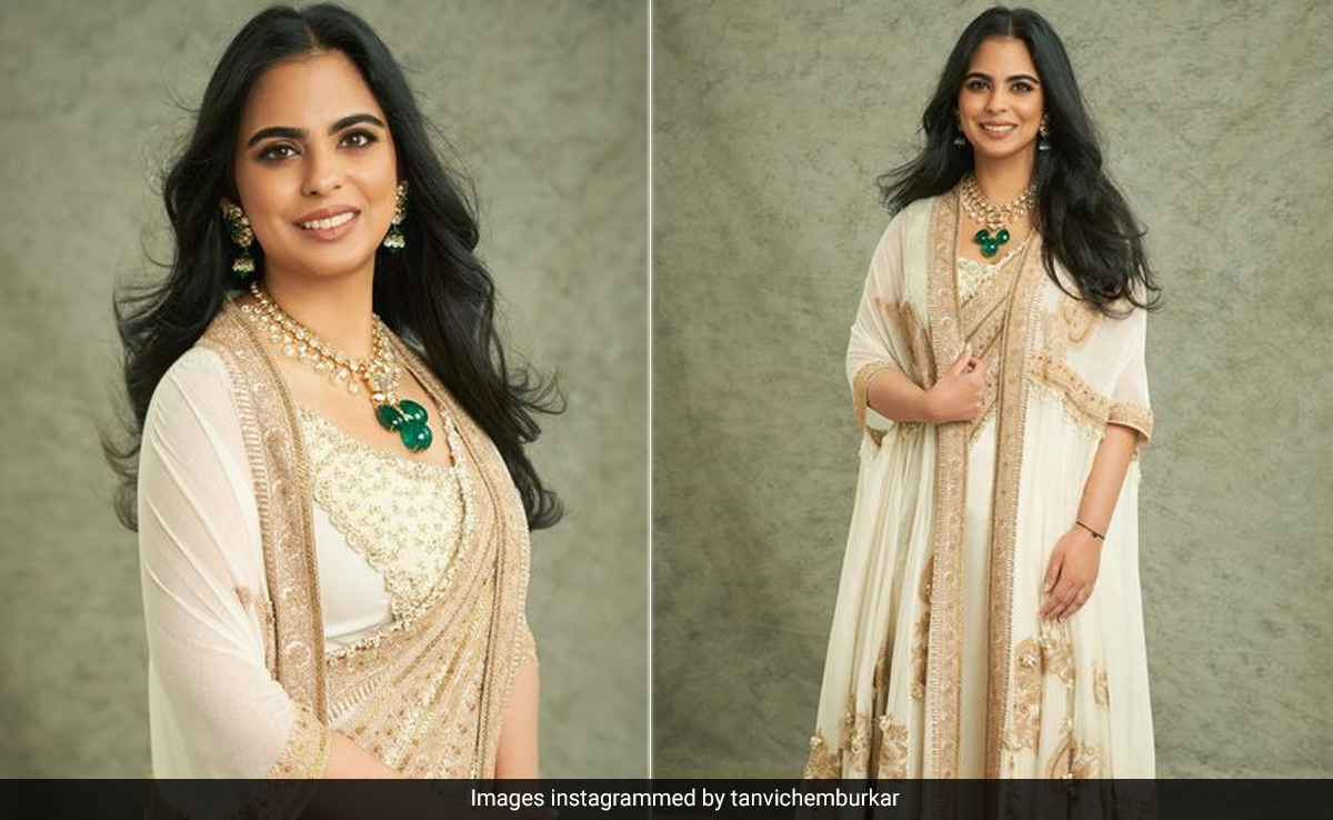 Isha Ambani's Custom Anamika Khanna Look In Ivory And Gold Is A Fashion Lesson In Ethnic Elegance