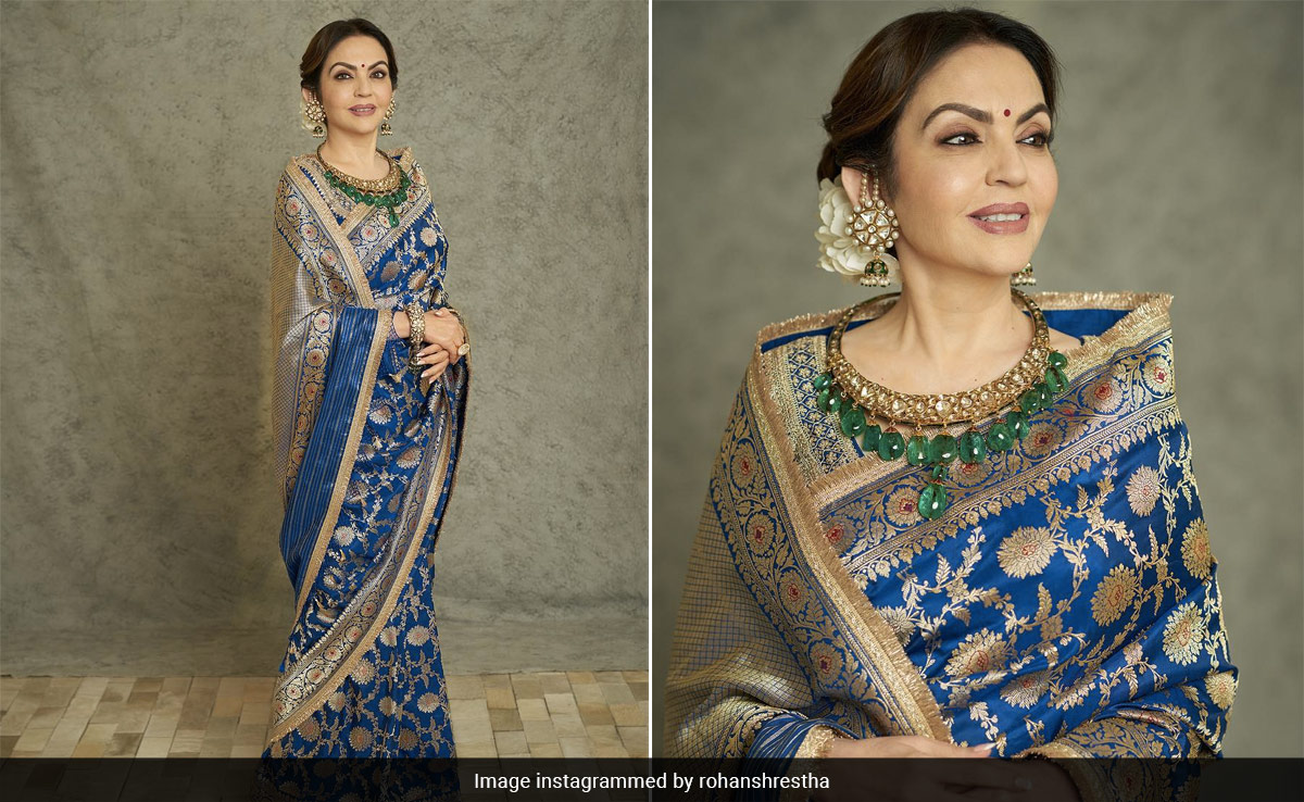 Nita Ambani's Glorious Blue And Gold <i>Saree</i> Was Colour Blocked With A Decadent Emerald Necklace At NMACC
