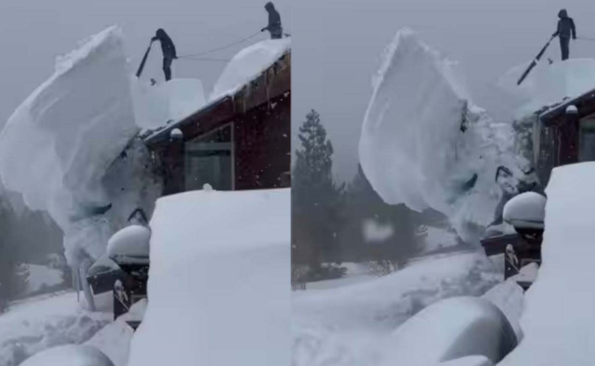 VIDEO: बर्फ की चादर से ढका घर, आरी से काटकर हटाई बड़ी बड़ी स्लैब