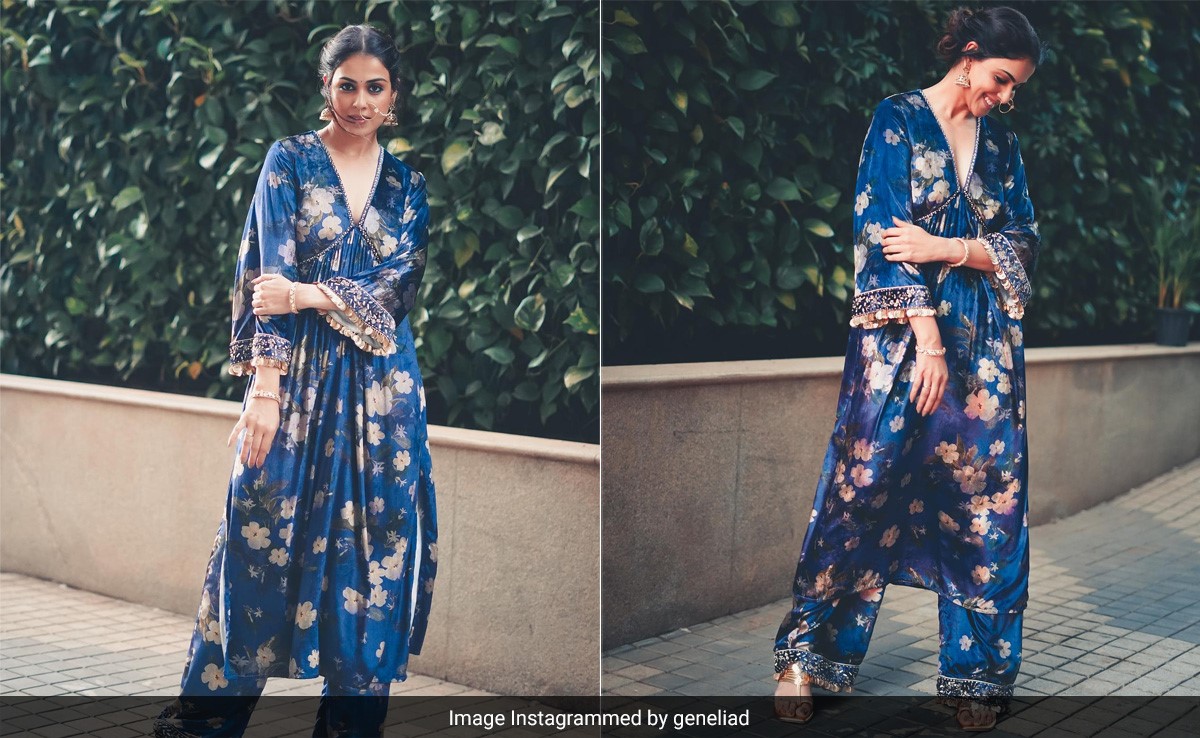 Genelia D'Souza's Deep Blue <i>Kaftan</i> Set With A <i>Nath</i> Gives A Traditional Twist To Summer Festive Looks