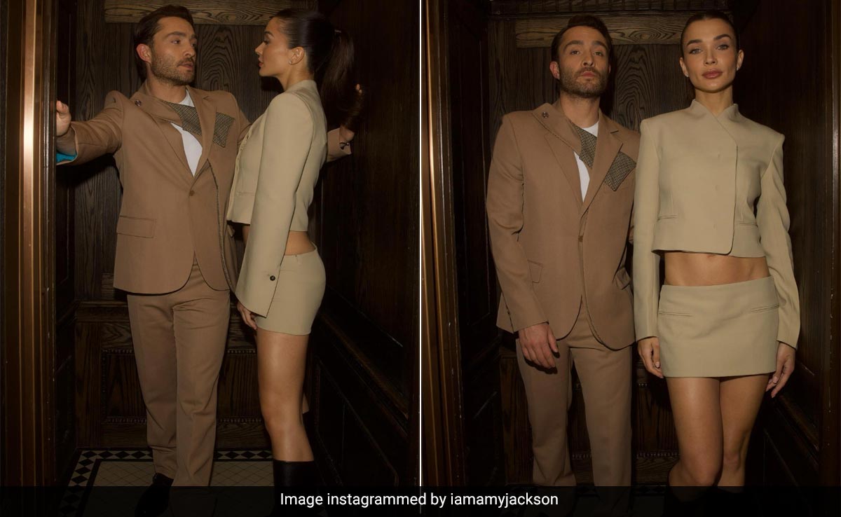 It Was "Love In An Elevator" For Amy Jackson And Ed Westwick In Matching Neutral Suits It Was "Love In An Elevator" For Amy Jackson And Ed Westwick In Matching Neutral Suits