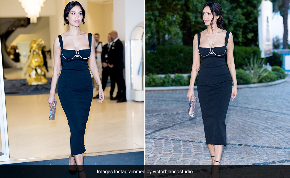 Cannes 2023: Trendy Took Over Esha Gupta's Little Black Galvan Dress With A Glitzy Rhinestone Underwire Detail