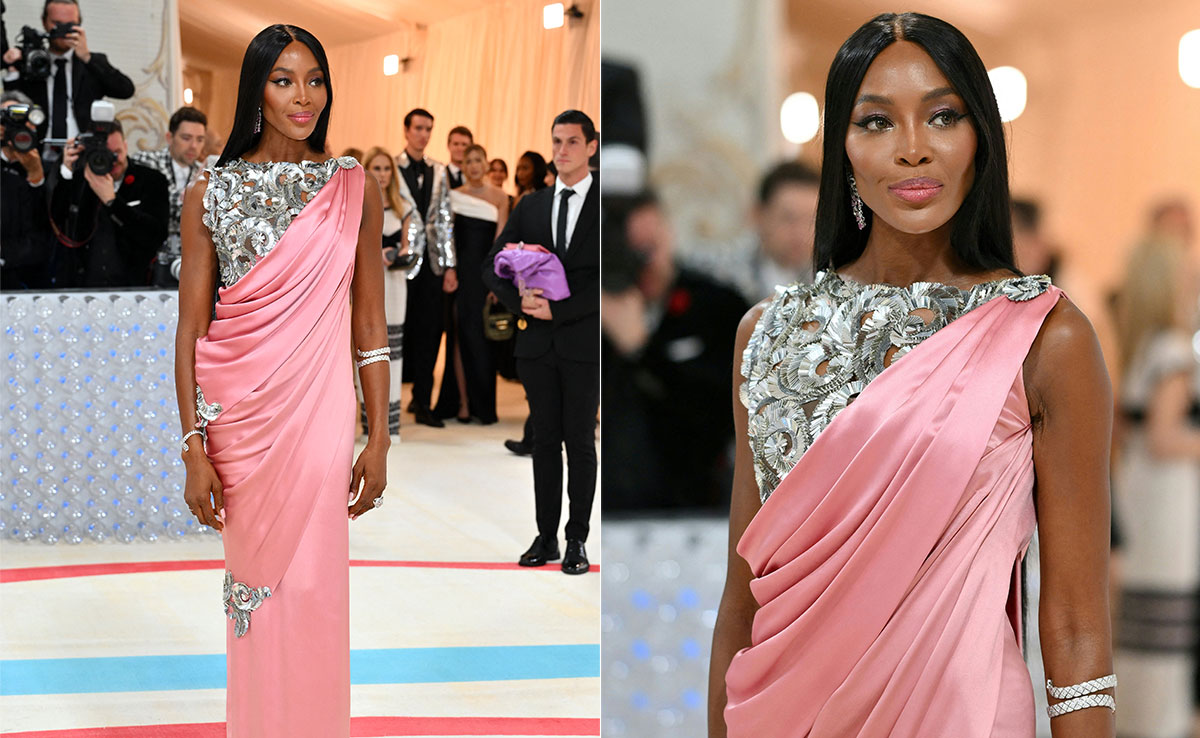 Naomi Campbell Upped The Ante With A <i>Desi</i> Touch In A Peach Chanel <i>Saree</i> Gown