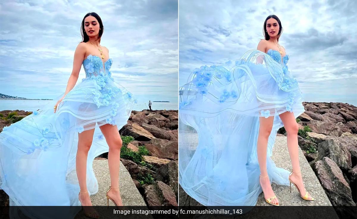 Cannes 2023: Manushi Chhillar In A Pastel Blue Sheer Floral Dress Looks As If <i>Frozen's</i> Elsa Came To Life