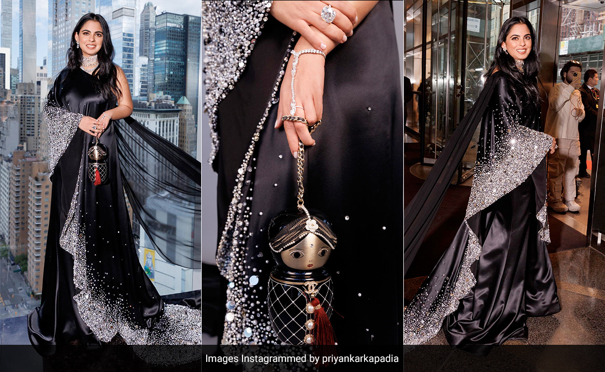 Isha Ambani Charms Us In Her Black One-Shoulder <i>Saree</i> Gown And Rs 24 Lakh Chanel Doll Bag For The Met Gala 2023