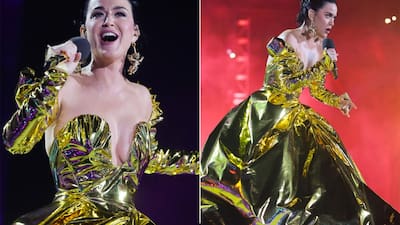 katy perry coronation gold dress For King Charles III Concert Performance At Windsor Castle, Is Glorious In A Bespoke Vivienne Westwood Gown Met gala