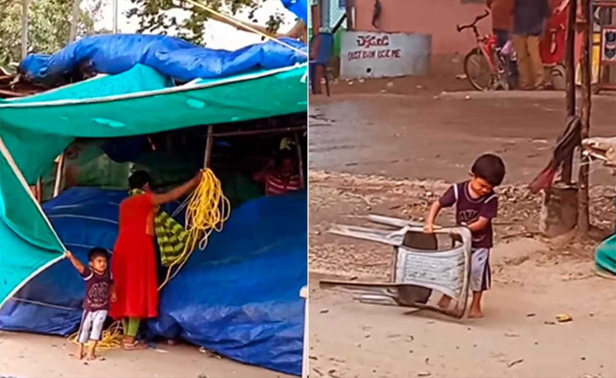 आंधी तूफान भी नहीं तोड़ सकी ये हौसला! खराब मौसम में कुछ इस तरह मां की मदद करता दिखा मासूम बच्चा