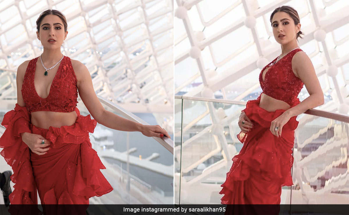 IIFA 2023: Sara Ali Khan's Retro <i>Saree</i> Streak Continues, This Time In A Scarlet Red Ruffled Pick