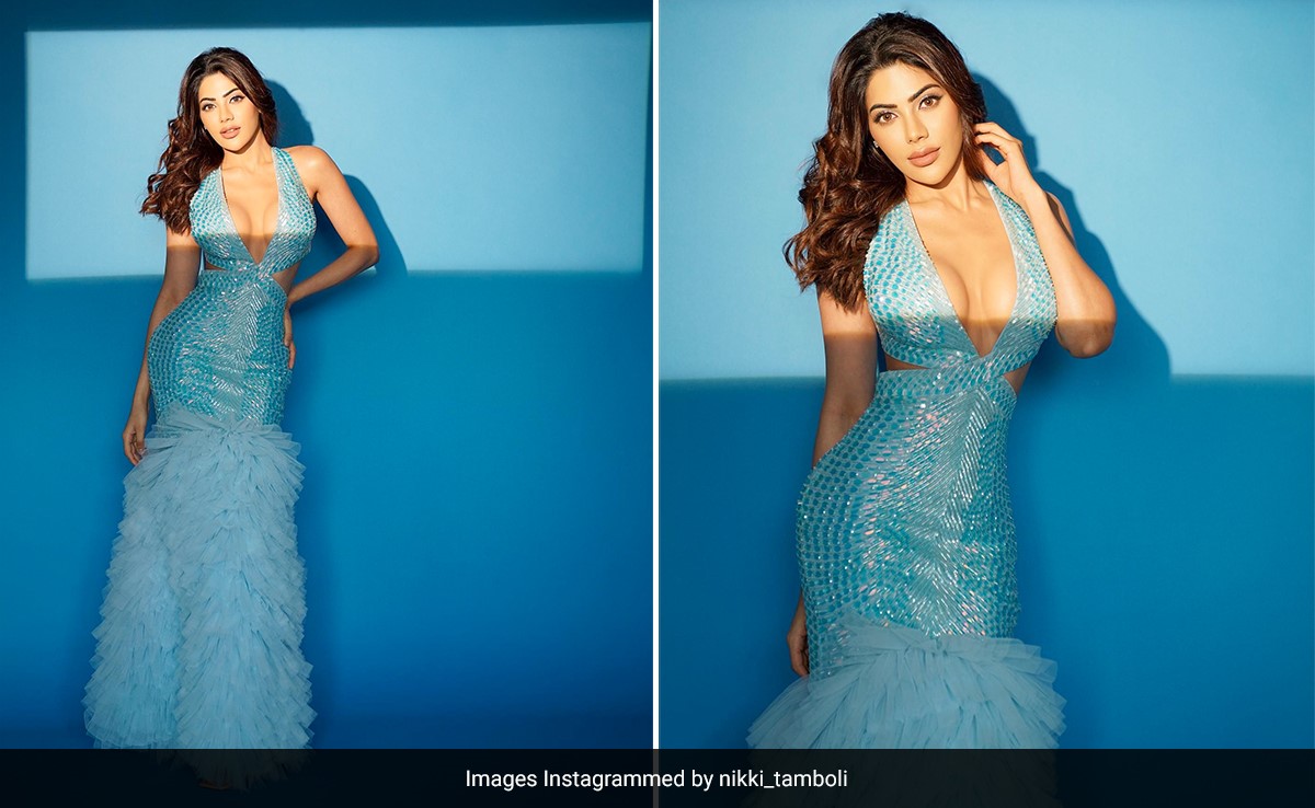 Nikki Tamboli In A Shimmery Blue Cutout Gown Is Playing The Perfect Mermaid