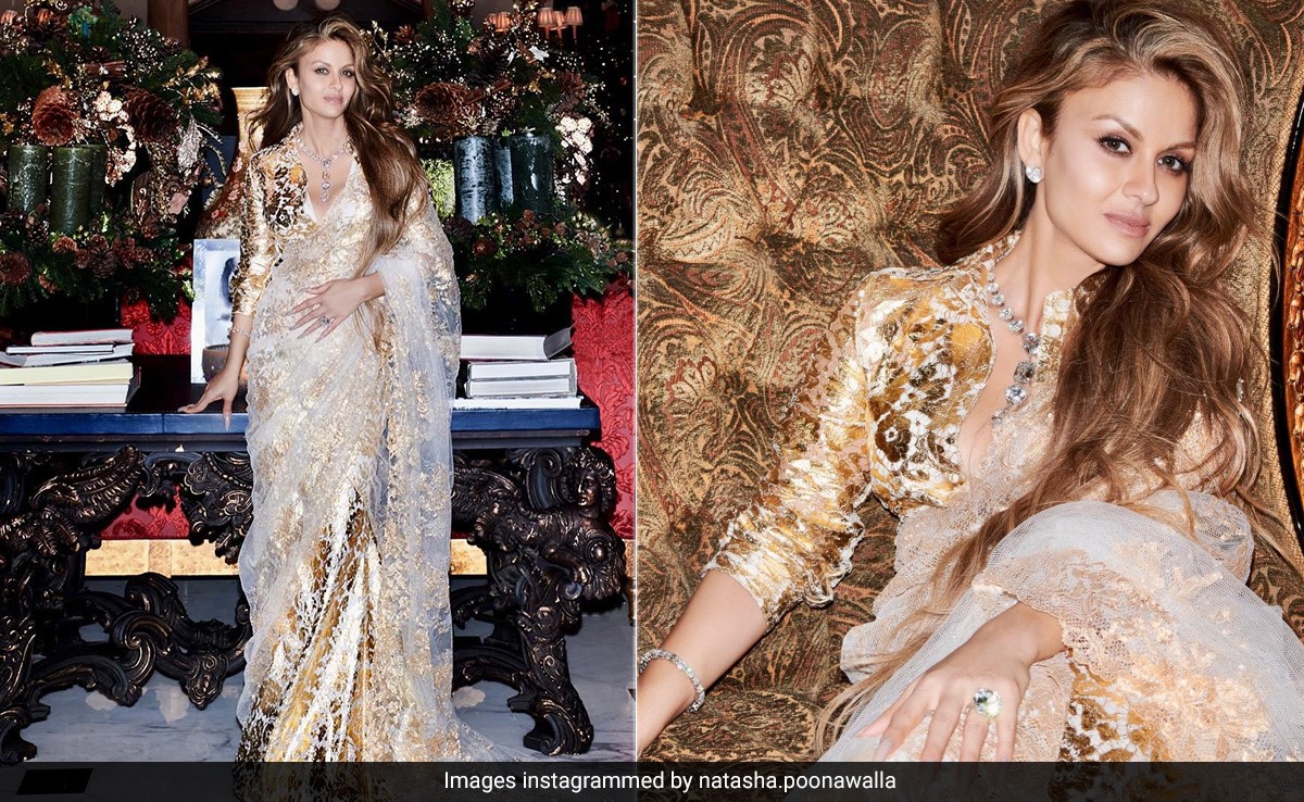 Natasha Poonawalla's Sheer <i>Saree</i> Draped Over A Golden Gown Is Pure Ethnic Bliss