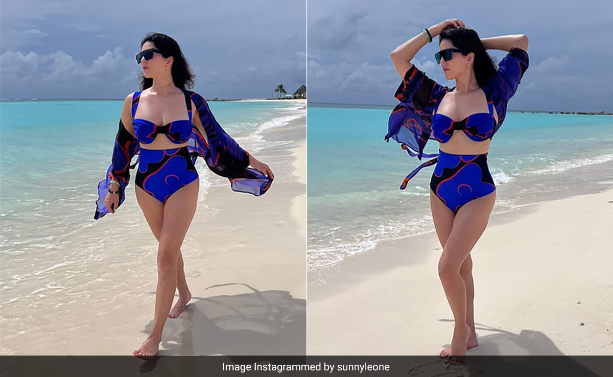Sunny Leone In A Deep Blue High Waisted Bikini Set Oozes Beach Chic In Maldives