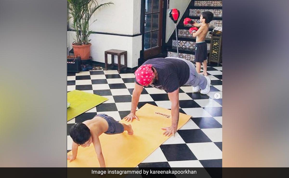 Yoga Day 2023: Saif Ali Khan And Jeh On The Mat, Taimur Does His Own Thing. Pic Courtesy Kareena Kapoor